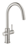 Zestaw startowy Grohe Blue Home z wylewką w kształcie C, stal nierdzewna, bateria, filtr 600 l, chłodziarka i butla CO2, dostęp do wody zwykłej i filtrowanej / gazowanej, kąt obrotu wylewki 360° moduł Buetooth, głowica Ceramiczna 28 mm, wyciągana wylewka