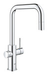 Zestaw startowy Grohe Blue Home z wylewką w kształcie U, chrom, bateria, filtr 600 l, chłodziarka i butla CO2, dostęp do wody zwykłej i filtrowanej / gazowanej, kąt obrotu wylewki 360° moduł Buetooth, głowica Ceramiczna 28 mm, wyciągana wylewka