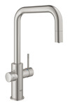 Zestaw startowy Grohe Blue Home z wylewką w kształcie U, stal nierdzewna, bateria, filtr 600 l, chłodziarka i butla CO2, dostęp do wody zwykłej i filtrowanej / gazowanej, kąt obrotu wylewki 360° moduł Buetooth, głowica Ceramiczna 28 mm, wyciągana wylewka