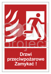 Drzwi przeciwpożarowe Zamykać! Kierunek drogi ewakuacyjnej w prawo, 15 x 22,2 cm, TS - płyta TD fotoluminescencyjna