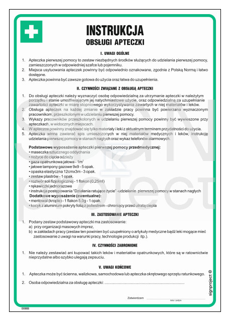 Instrukcja obsługi apteczki, 24,5 x 35 - DD005_245X350_PN