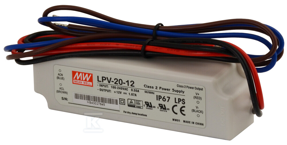Блок живлення LED LPV 12V/20W/1.67A - LPV-20-12
