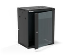 Шафа настінна 19" 15U 600x450, (опція двосекційна) двері скляні одностулкові, задня кришка повна демонтажна, бічні панелі повні демонтажні з ключем, 4 балки, колір чорний, для самостійного монтажу - Flat Pack, ALANTEC