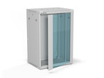 Шафа настінна 19" 18U 600x450, (опція двосекційна) двері скляні одностулкові, задня кришка повна демонтажна, бічні панелі повні демонтажні з ключем, 4 балки, колір сірий, для самостійного монтажу - Flat Pack, ALANTEC