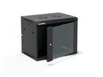Шафа настінна 19" 9U 600x450, (опція двосекційна) двері скляні одностулкові, задня кришка повна демонтажна, бічні панелі повні демонтажні з ключем, 4 балки, колір чорний, ALANTEC