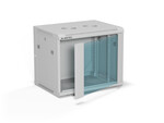 Шафа настінна 19" 9U 600x450, (опція двосекційна) двері скляні одностулкові, задня кришка повна демонтажна, бічні панелі повні демонтажні з ключем, 4 балки, колір сірий, для самостійного монтажу - Flat Pack, ALANTEC