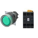 Przycisk A22NL średnica 22mm,ramka plastikowa,pełna ochrona,alternatywny,kolor kapki przezroczysta zielona,led zielony,1NO1NC,24 VDC,złącze wciśnięte,A22NL-BGA-TGA-P102-GC