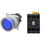 Przycisk A22NL średnica 22mm,ramka z metalu szczotkowanego,pełna ochrona,momentowy,kolor kapki przezroczysty niebieski,LED niebieski,1NO1NC,24 VDC,terminal wtykany,A22NL-MGM-TAA-P102-AC