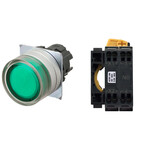 Przycisk A22NL średnica 22mm,ramka z metalu szczotkowanego,pełna ochrona,momentowy,kolor kapki przezroczysty zielony,LED zielony,1NO,24 VDC,złącze push-in,A22NL-MGM-TGA-P100-GC