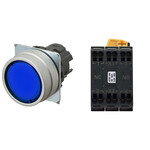 Przycisk A22NL średnica 22mm,ramka z metalu szczotkowanego,płaski,momentowy,kolor kapki przezroczysty niebieski,led niebieski,1NO1NC,24 VDC,złącze push-in,A22NL-MNM-TAA-P102-AC