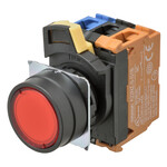 Przycisk A22NL 22 mm średnicy,ramka plastikowa,płaska,chwilowa,kolor nakrętki przezroczysty czerwony,LED czerwony,1NO1NC,24 VDC,A22NL-BNM-TRA-G102-RC