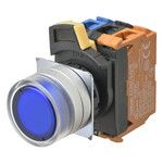Przycisk A22NL średnica 22mm,ramka z metalu szczotkowanego,pełna ochrona,momentowy,kolor kapki przezroczysty niebieski,LED niebieski,1NO,24 VDC,A22NL-MGM-TAA-G100-AC
