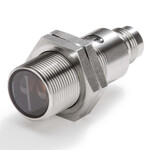 Czujnik fotoelektryczny, lufa śrubowana M18, stal nierdzewna, czerwona dioda LED, tłumienie tła, 100 mm, PNP, światło-wł/ciemno-wł, złącze M12, E3FC-LP21