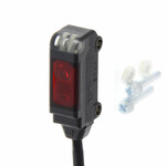 Czujnik fotoelektryczny, retrorefleksyjny, miniatura, widok z boku, 200 mm, NPN, D-on, kabel 2 m, mocowanie M2, mały reflektor E39-R4 w zestawie, E3T-SR42 2M