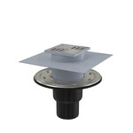 Kratka ściekowa 105×105/50/75 mm odpływ pionowy, kratka nierdzewna, kołnierz nierdzewny, dwa poziomy izolacji, syfon mokro-suchy APV4344