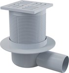 Sewage grate 105×105/50 mm side drain, gray grate, wet siphon