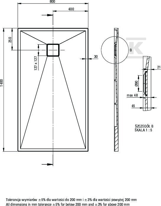 Brodzik granitowy prostokątny 140x80 cm - KQR_A48B