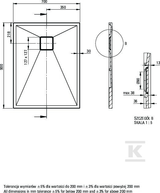 Brodzik granitowy prostokątny 90x70 cm - KQR_A71B