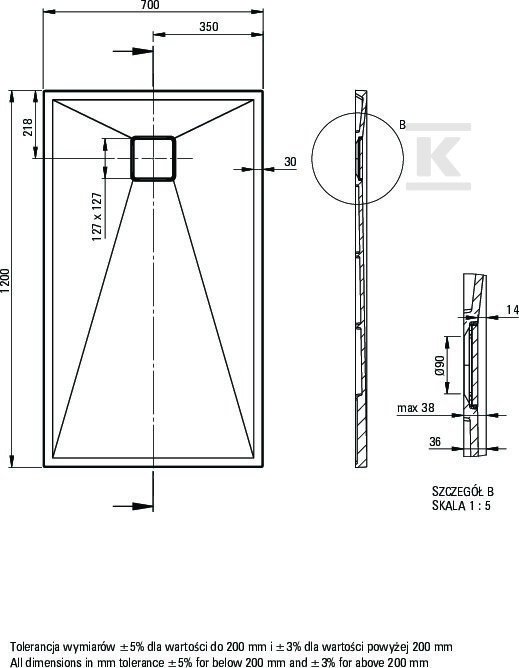 Brodzik granitowy prostokątny 120x70 cm - KQR_S73B