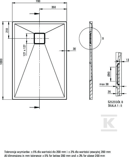 Brodzik granitowy prostokątny 100x70 cm - KQR_S75B