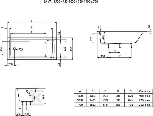 Savai 160x75 SLIM bathtub + legs - A248588000