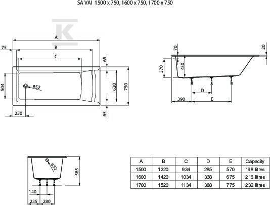 Savai 170x75 SLIM bathtub + legs - A248589000