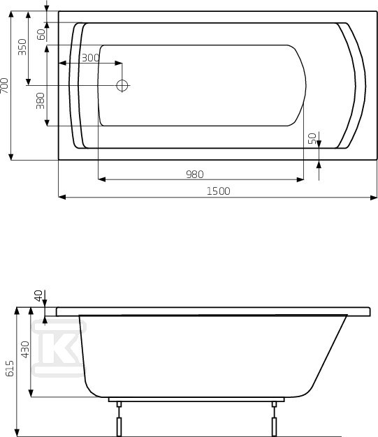 White NogiLinea 1500X700 bathtub - A24T010000