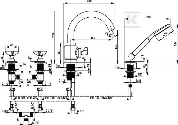 Bateria wannowa 4-otworowa z zestawem - BQT_014D