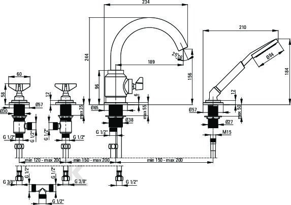 Bateria wannowa 4-otworowa z zestawem - BQT_M14D