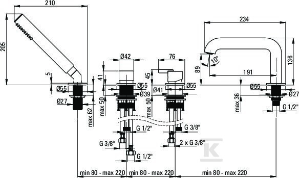 Bateria wannowa 4-otworowa z zestawem - BQS_R14M