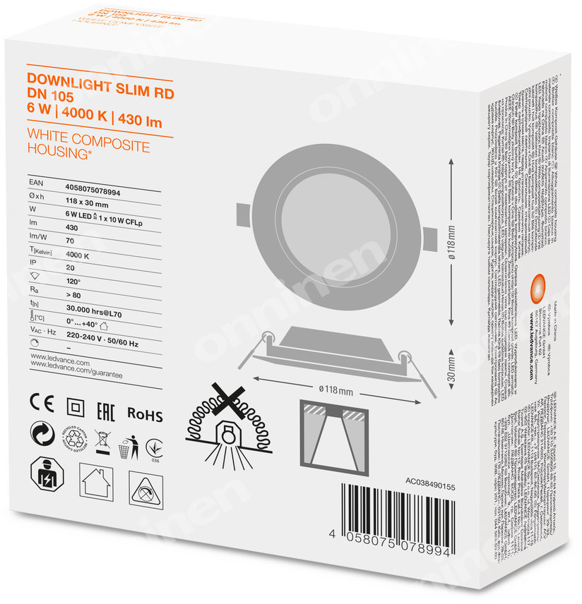 Даунлайт DL SLIM DN105 6W/4000K WT IP20 - 4058075078994